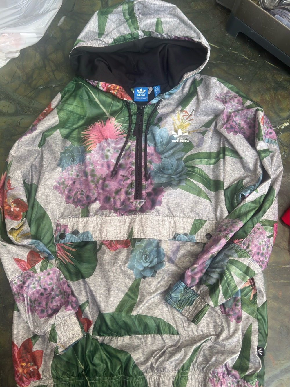 Adidas Floral Hooded Anorak Jacket - Gray & Green size M